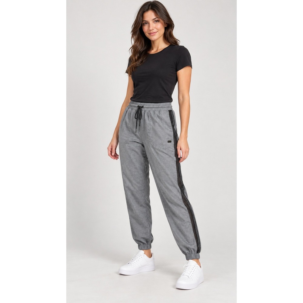 DKNY Gymcore Womens Gray Mesh Side Stripe Jogger Pants Med Drawstring Pockets